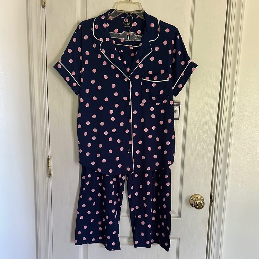 NWT Kate Spade Navy Blue Pajama Set with Pink Polka Dots size L